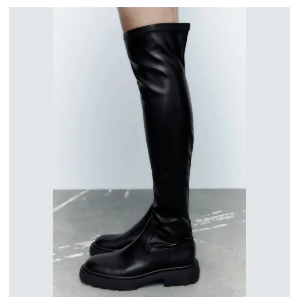 NWT Zara Black over the knee boots flat low heel black size 10/41